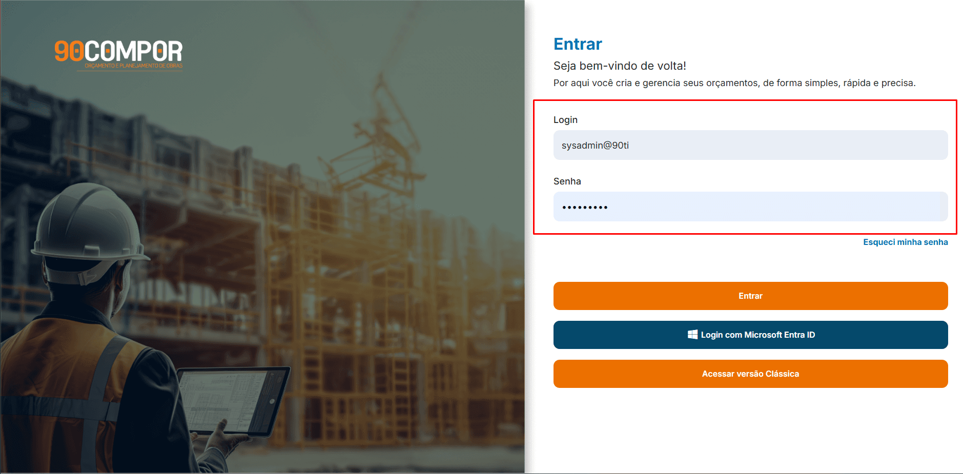 Tela de Login 90 compor orçamento