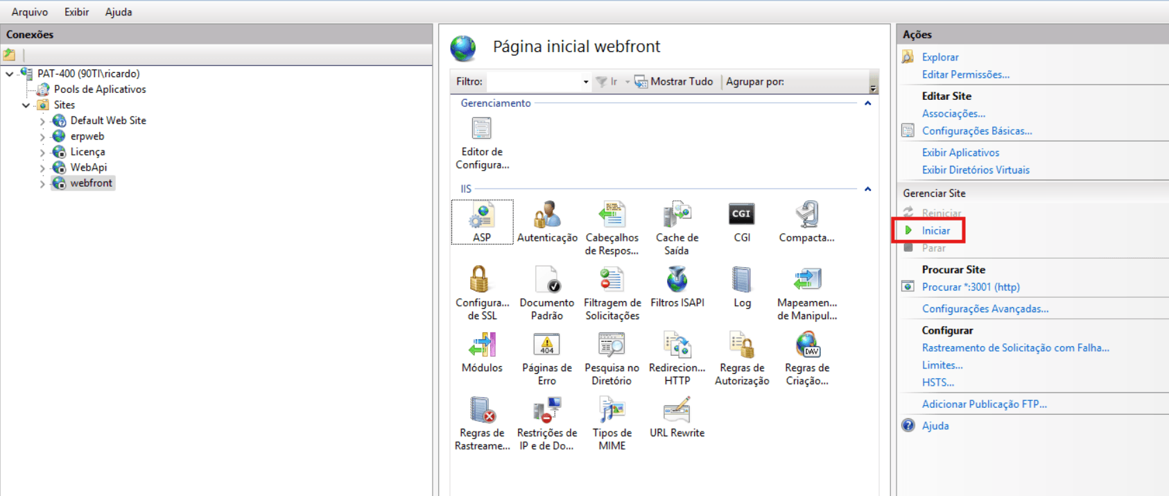 Iniciando sites IIS