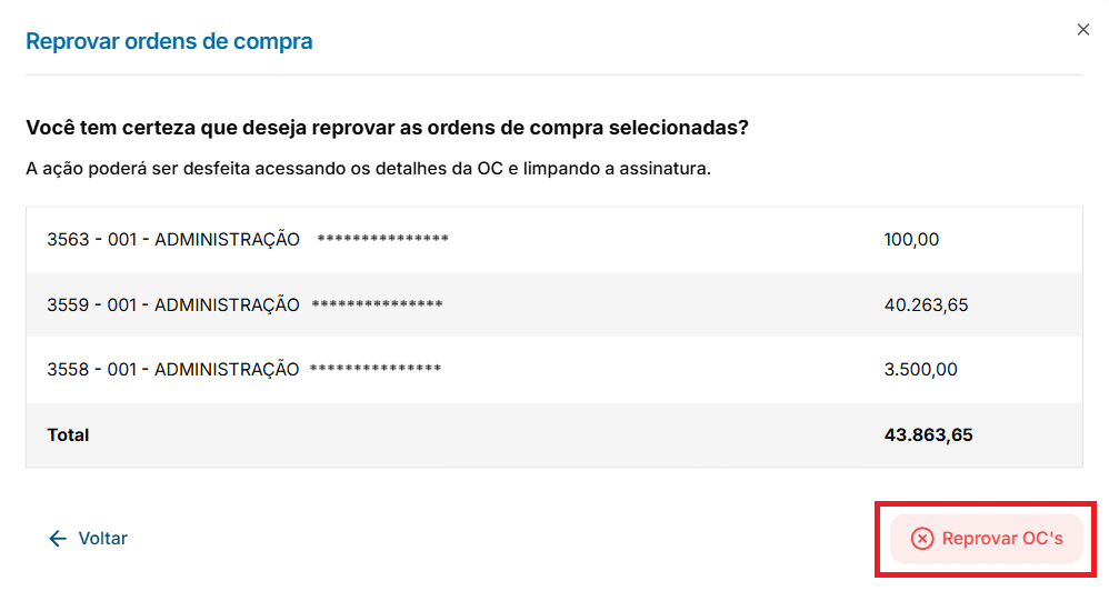 Modal de Reprovação Detalhes