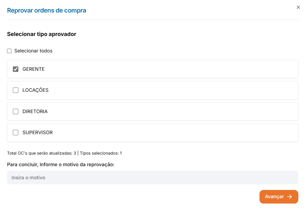 Modal de Reprovação em lote