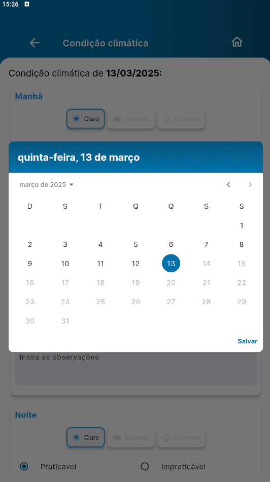 Seleção de datas da ocorrência