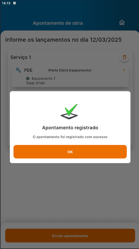 Mensagem recebida ao enviar o apontamento
