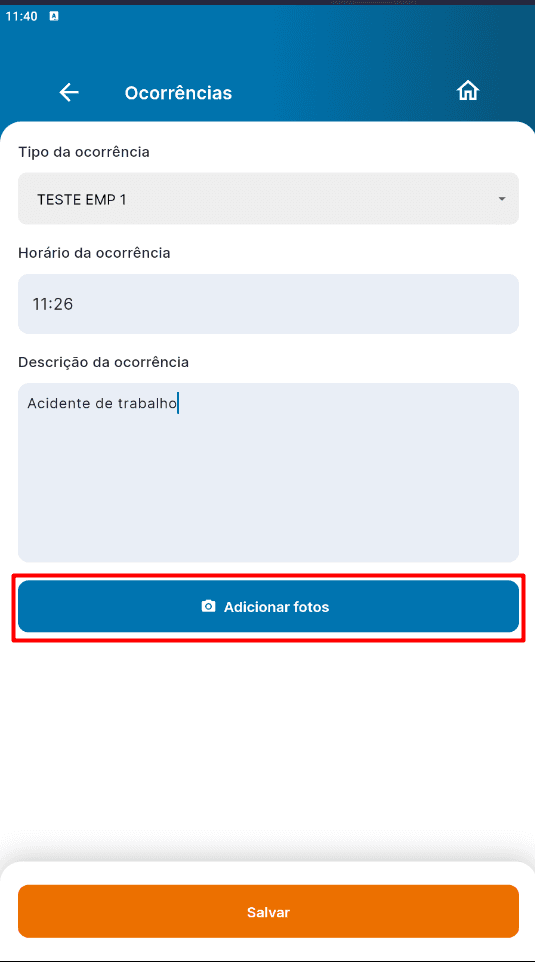Seleção do tipo de ocorrência