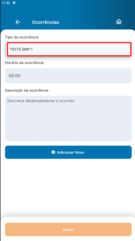 Seleção do tipo de ocorrência